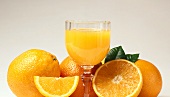 Glass of orange juice and fresh oranges