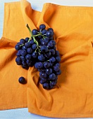 Blaue Trauben auf orangefarbenem Tuch