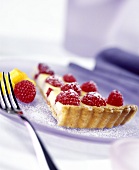 Piece of cheesecake with raspberries