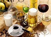 Various warm and cold drinks, wine and beer