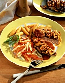 Steak with onions, root vegetables and potato noodles