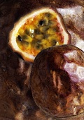 Passion fruit, halved against background of passion fruits