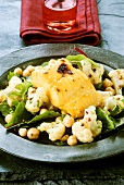 Haddock with cauliflower, spinach and chick-peas