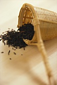 Bamboo tea strainer with tea leaves