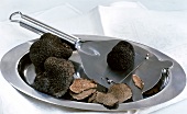 Summer truffles on tray with truffle plane