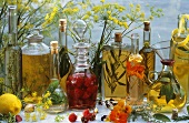 Home-made herb vinegars in bottles