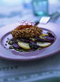 Monkfish fillets with hemp seed and potato salad