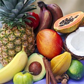 Various tropical fruits and spices