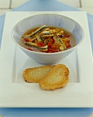 Tomato soup with anchovies and toasted bread