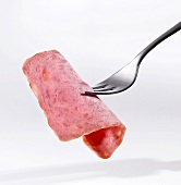 Slice of Jagdwurst (hunter's sausage) on fork