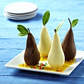 Pears with white and dark chocolate glaze