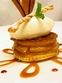 Apple tartlet with honey ice cream and caramel sauce