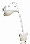 Milk pouring from carafe into glass