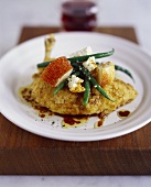 Breaded chicken with pears, feta and green beans