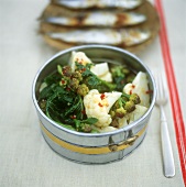 Spicy cauliflower with broccoli and spinach