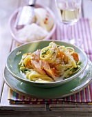 Linguine with salmon and cheese and chive sauce