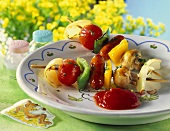 Colourful sausage kebabs with ketchup (for children)