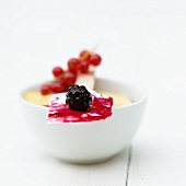Red fruit compote with custard in bowl on white table