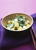 Pan-cooked potato and spinach dish with tofu