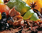 Still life with dried fruit, spices and candied fruit