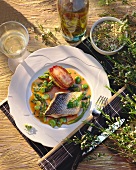 Perch fillet with baked potato, green asparagus and beans