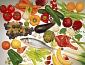 Various foods (vegetables, fruit, fish, meat)