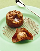 Banana bread pudding, with chocolate ice cream in wafer bowl