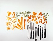 Several Different Garnish Utensils with Various Carrot Garnishes
