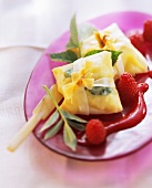 Filo pastry bag with cheese filling on raspberry sauce