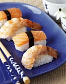 Nigiri sushi with shrimps and salmon