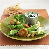 Chick pea burgers with romaine lettuce & minted yoghurt dip