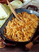 Krautfleckerl (noodles with white cabbage) in a roasting dish