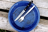 Empty blue plate with cutlery after a barbecue
