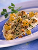 Plaice fillet with bacon and croutons
