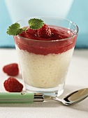 Rice pudding with coconut and raspberry sauce