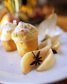 Pfitzauf (German muffin) with icing sugar and pear compote