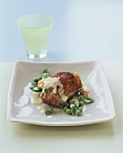 Chicken with peas, beans and white sauce