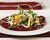 Beetroot salad with oranges, corn salad and cress