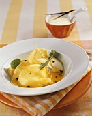 Sweet pasta parcels with pineapple & passion fruit sauce