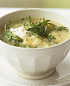 Potato soup with leeks, rocket and sour cream