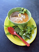 Curry laksa (noodle soup with meat, okra and egg, Malaysia)