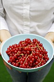 Woman holding dish of redcurrants