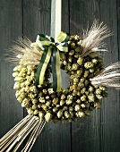 Hop wreath on wooden wall