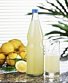 Zitronenlimonade in Glas und Flasche