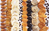 Various dried fruits, arranged in rows