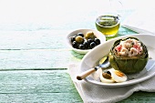 Stuffed artichoke, olives and olive oil (Greece)