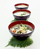 Three bowls of miso soup with bamboo shoots & tofu (Japan)