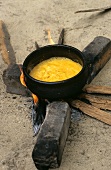 Fischcurry in Gusseisentopf auf Lagerfeuer (Kerala, Indien)