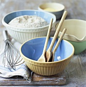 Baking bowls, jug, wooden spoons, whisk