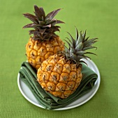 Two baby pineapples on a plate